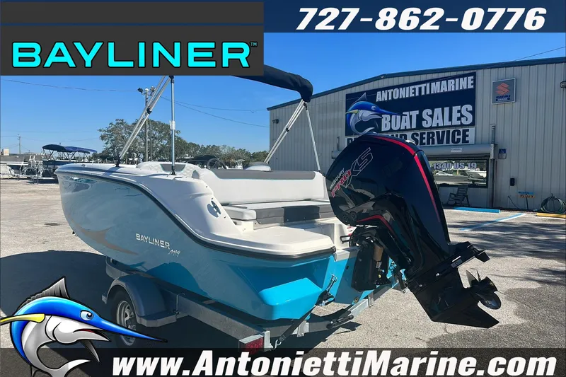 Slide: The Image of 2024 Bayliner Element M19 boat at Antonietti Marine sales, featuring a powerful Mercury engine. - 6