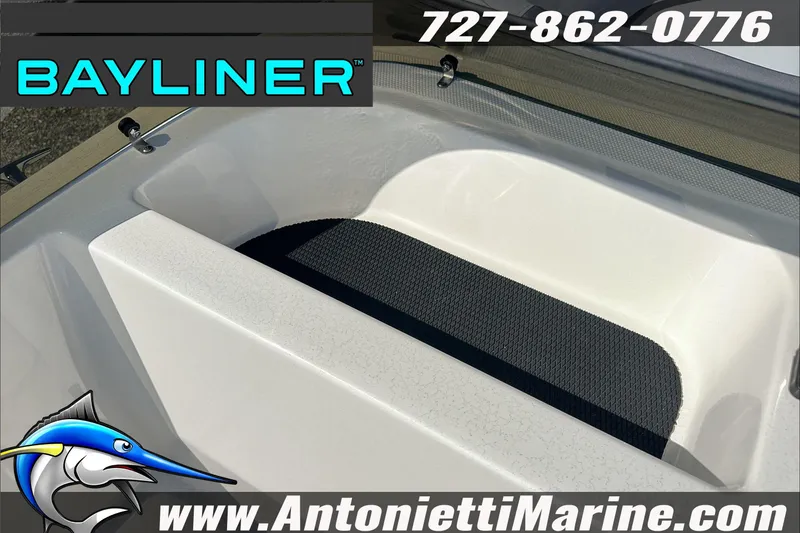 Slide: The Image of 2024 Bayliner Element M19 boat interior with logo and contact details. - 16