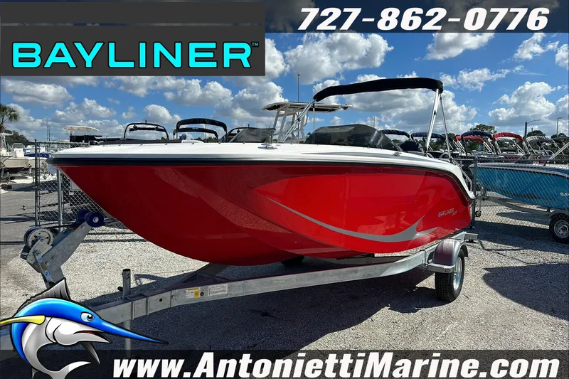 Slide: The Image of 2024 Bayliner Element M19 boat in vibrant red on a trailer at Antonietti Marine. - 4