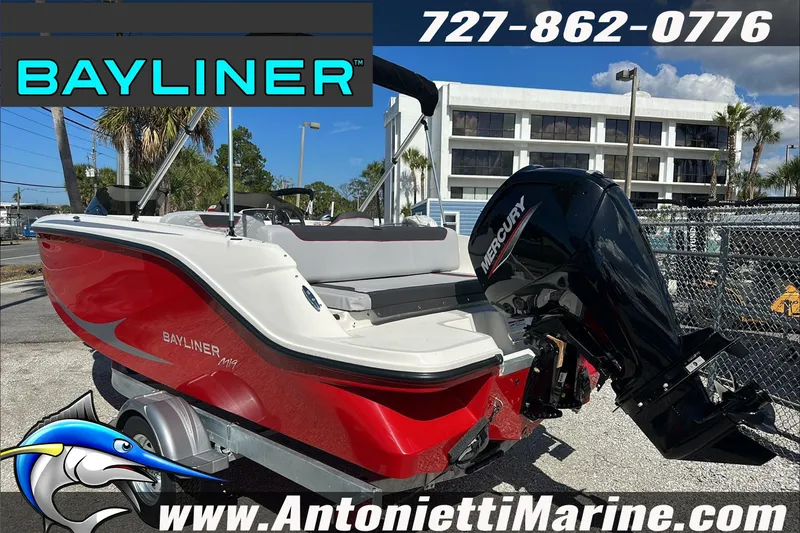 Slide: The Image of 2024 Bayliner Element M19 boat with Mercury engine at Antonietti Marine dealership. - 6