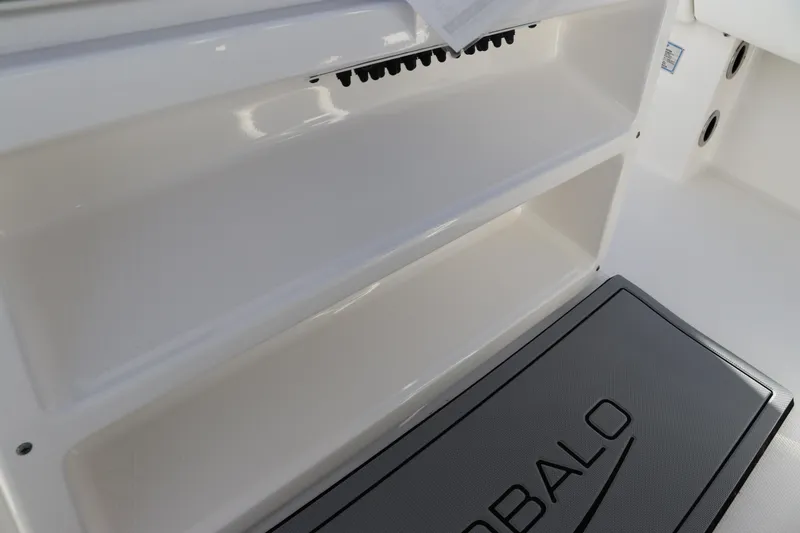 Slide: The Image of 2024 Robalo 266 Cayman boat storage compartment with branded mat. - 21