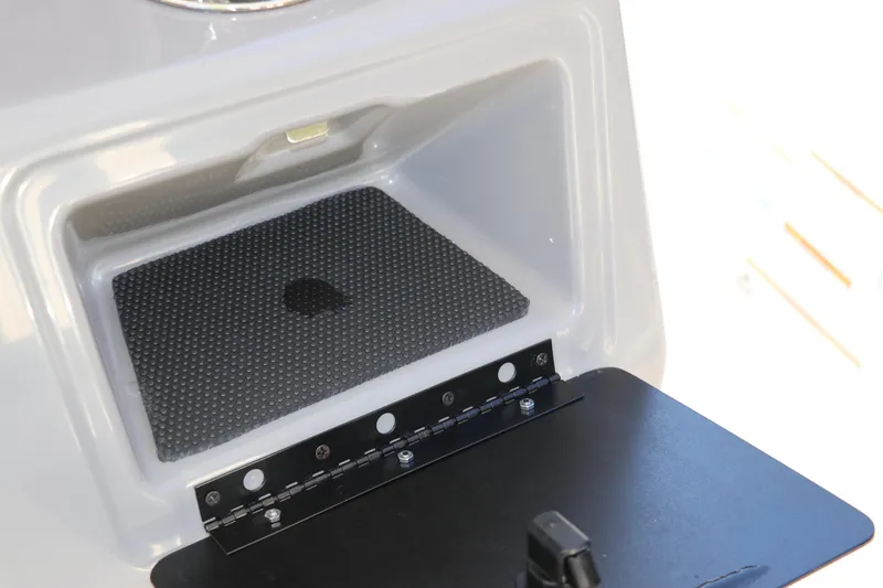 Slide: The Image of Storage compartment in 2024 Robalo 266 Cayman boat, featuring a hinged door. - 32