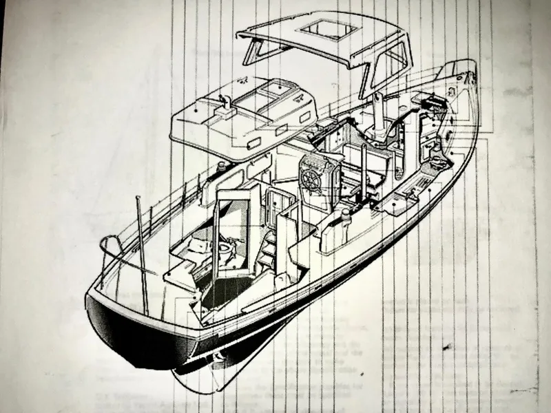 Slide: The Image of Line drawing of a 1975 Salar 40 boat, showcasing interior layout and design features. - 27
