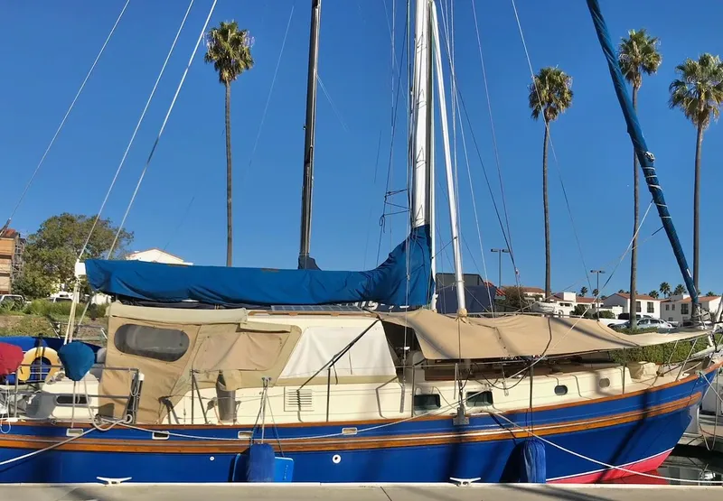 Slide: The Image of 1975 Salar 40 sailboat docked, blue hull, beige canopy, palm trees in background. - 28