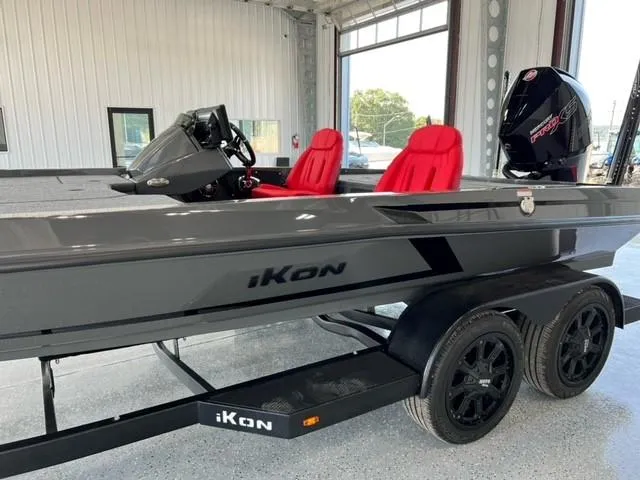 Slide: The Image of 2024 iKon LX21 boat with red seats and black trailer in a showroom. - 5