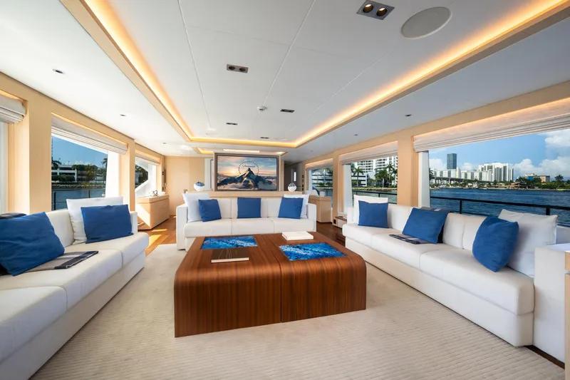 Slide: The Image of Luxurious interior of 2020 Majesty 100 yacht with modern furnishings and waterfront views. - 2