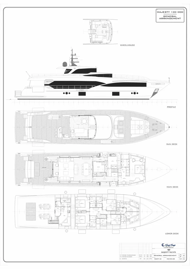 Slide: The Image of Majesty 100 yacht 2020 model floor plan and side elevation blueprint. - 26