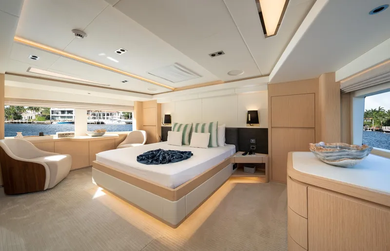 Slide: The Image of Luxurious bedroom interior of 2020 Majesty 100 yacht with modern furnishings. - 5