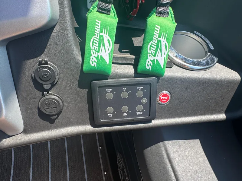 Slide: The Image of Control panel in 2026 Premier Escalante with Marine365 straps and 12V outlets. - 8