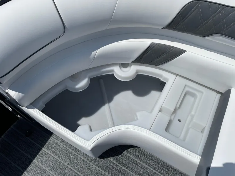 Slide: The Image of 2024 Premier Supersport boat seating with storage compartment, featuring sleek design and modern upholstery. - 36