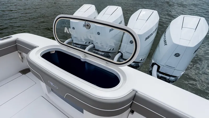 Slide: The Image of 2025 Valhalla Boatworks V-41 with Mercury outboard engines and open livewell. - 13