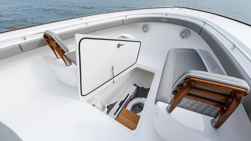 Slide: The Image of 2025 Valhalla Boatworks V-41 interior with storage compartment and seating. - 39
