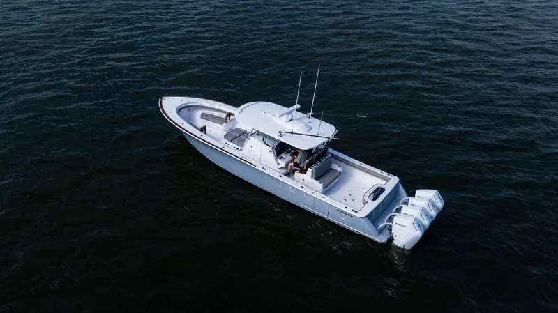 Slide: The Image of 2025 Valhalla Boatworks V-41 cruising on open water, aerial view. - 4