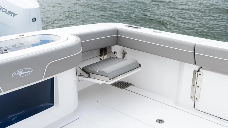 Slide: The Image of 2025 Valhalla Boatworks V-41 interior with foldable seat and sleek design. - 17