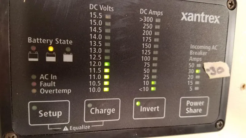 Slide: The Image of Xantrex power panel on 1978 Kayot houseboat, displaying battery state and DC voltage levels. - 8