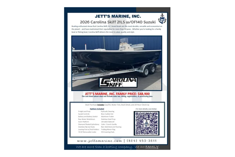 Slide: The Image of 2026 Carolina Skiff 21 LS boat advertisement with pricing and features from Jett's Marine, Inc. - 11