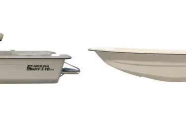 Slide: The Image of 2026 Carolina Skiff E18 JVX CC boat side view, showcasing sleek design and hull details. - 11