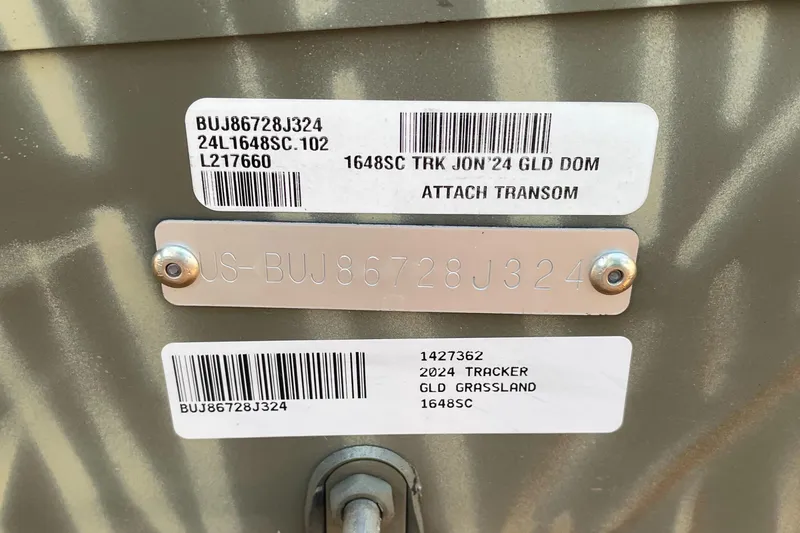 Slide: The Image of 2024 Tracker Grizzly 1648 SC boat identification tags and barcodes. - 4