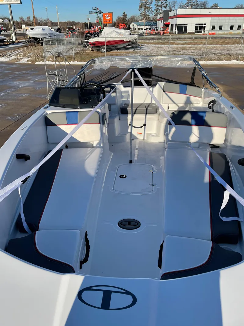 Slide: The Image of 2024 Tahoe T18 boat with spacious seating and modern design. - 2