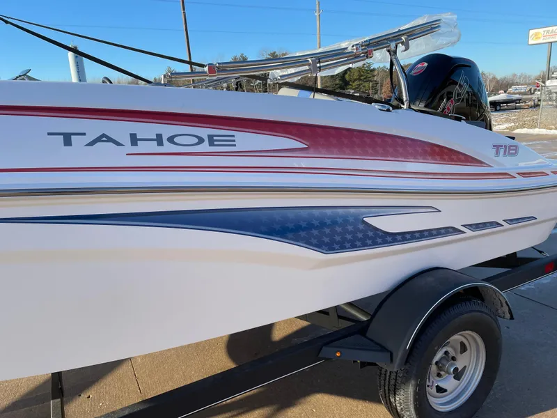 Slide: The Image of 2024 Tahoe T18 boat with red and blue accents on a trailer. - 3