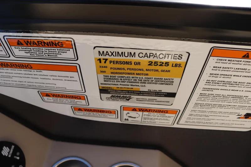 Slide: The Image of 2024 Premier 250 SunSation RF capacity warning labels and safety instructions. - 19