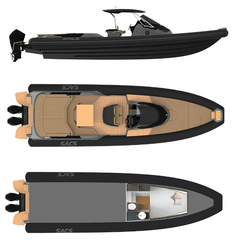 Slide: The Image of 2014 SACS Strider 13 boat, side and top views, black and tan design. - 47