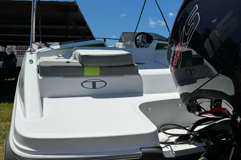 Slide: The Image of 2024 Tahoe T18 boat with sleek design and powerful engine, under clear blue sky. - 2