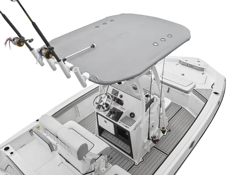 Slide: The Image of 2024 Yamaha Boats 195 FSH Sport center console fishing boat with T-top and rod holders. - 10