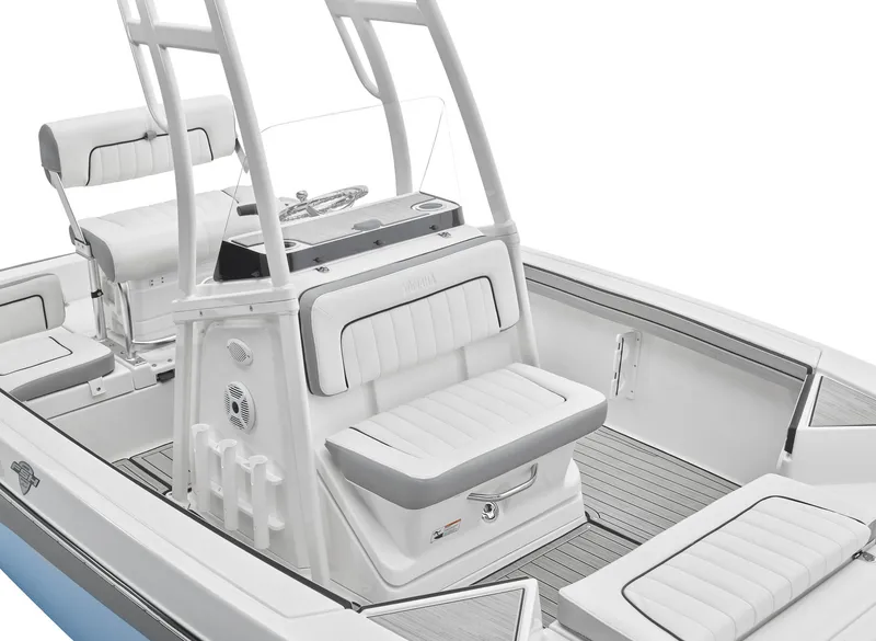 Slide: The Image of 2024 Yamaha Boats 195 FSH Sport interior, featuring white cushioned seating and sleek design. - 2