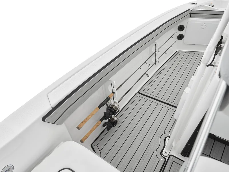 Slide: The Image of 2024 Yamaha Boats 195 FSH Sport interior deck with rod holders and storage. - 5