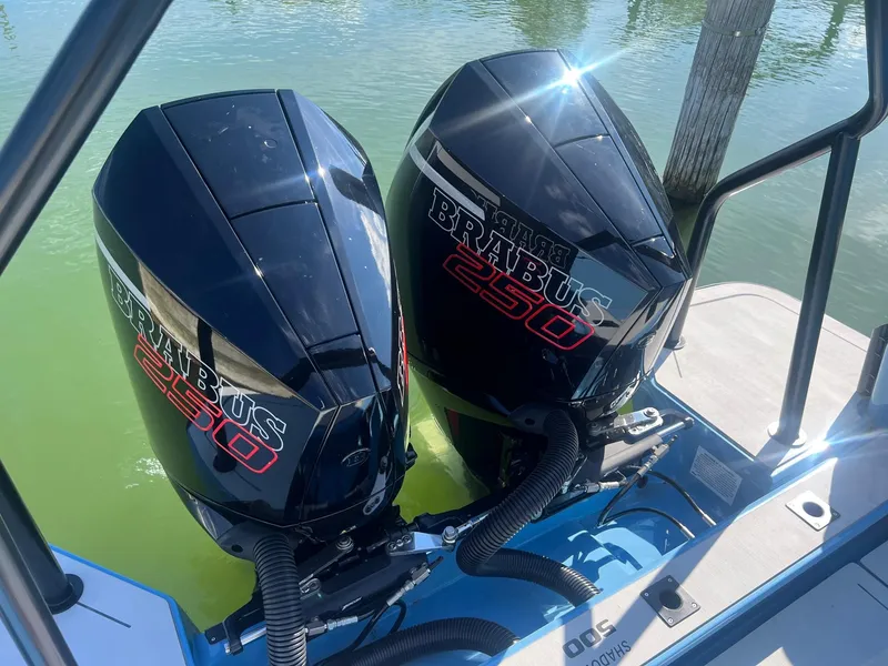 Slide: The Image of Twin BRABUS 250 engines on a 2023 Shadow 500 Cabin boat. - 15