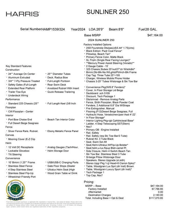 Slide: The Image of 2024 Harris Sunliner 250 specifications and pricing details, featuring key standard features and optional upgrades. - 18