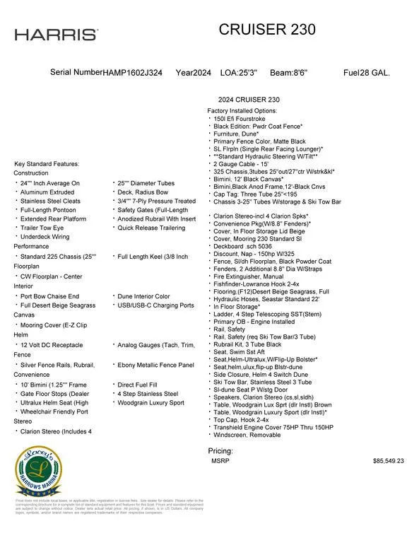 Slide: The Image of 2024 Harris Cruiser 230 specifications and features list, including pricing and standard options. - 18
