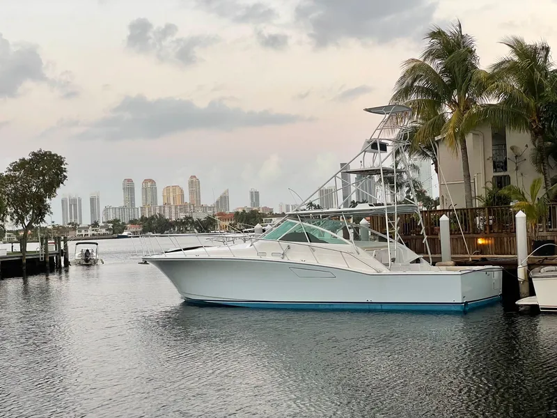 The Image of 2003 Cabo 45 Express yacht docked near palm trees with city skyline in the background. - 0