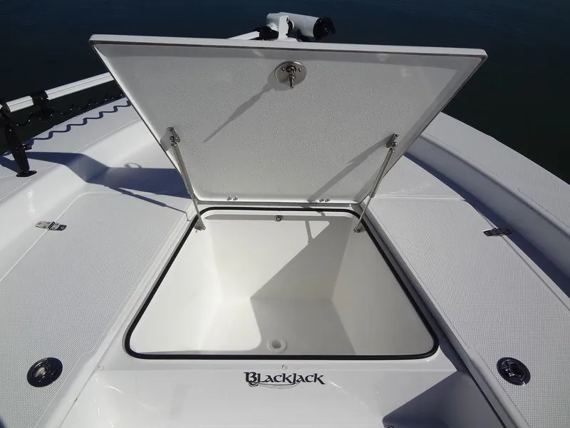 Slide: The Image of 2024 BlackJack 256 Bay boat storage compartment open on deck. - 16