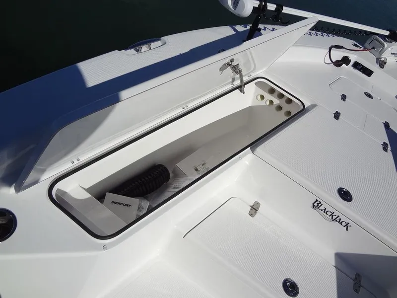 Slide: The Image of 2024 BlackJack 256 Bay boat storage compartment open on deck. - 17
