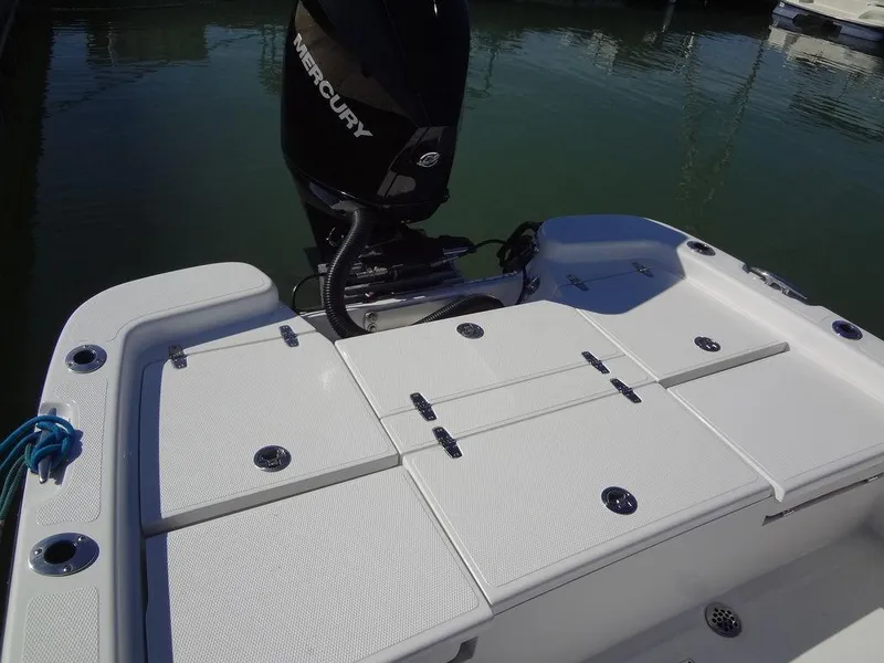 Slide: The Image of 2024 BlackJack 256 Bay boat with Mercury engine, rear deck view. - 25
