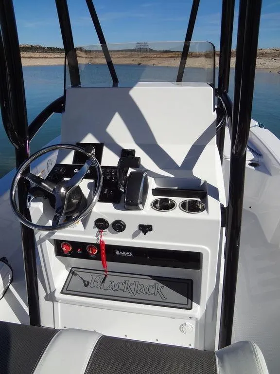 Slide: The Image of 2024 BlackJack 256 Bay boat console with steering wheel, controls, and cup holders on calm water. - 28