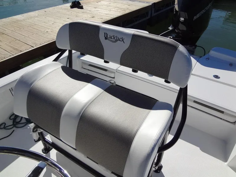 Slide: The Image of 2024 BlackJack 256 Bay boat seat with gray and white upholstery. - 31