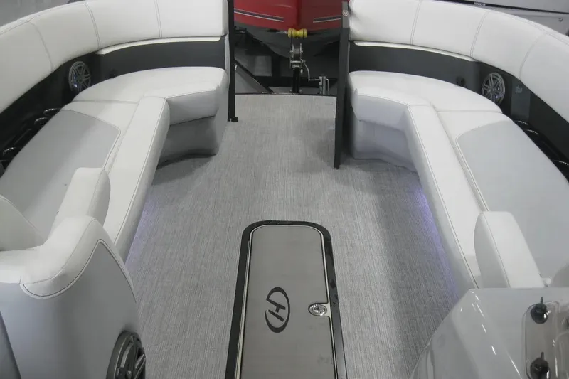 Slide: The Image of 2023 Harris FloteBote 250 Solstice interior floor with storage compartment. - 14