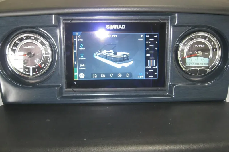 Slide: The Image of 2023 Harris FloteBote 250 Solstice dashboard with steering wheel and control panel. - 19