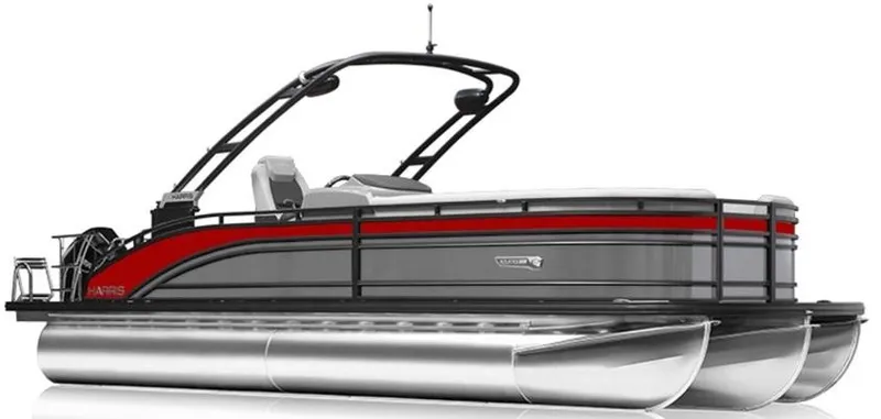 Slide: The Image of 2023 Harris FloteBote 250 Solstice pontoon boat, sleek design with red and gray accents. - 27
