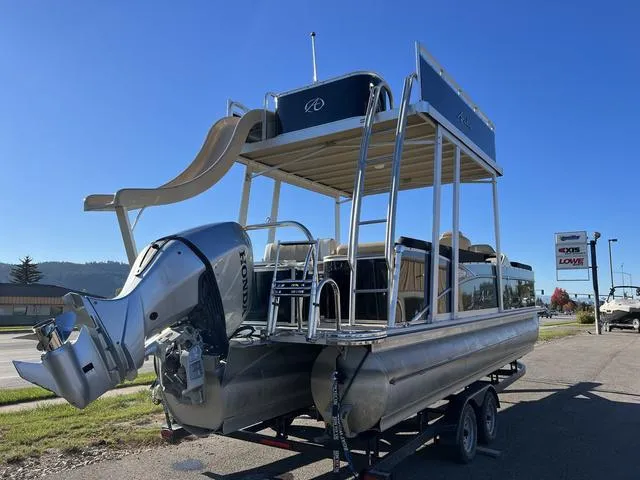 Slide: The Image of 2023 Avalon Catalina Entertainer Funship 25 FT pontoon boat with slide and Honda outboard motor. - 5