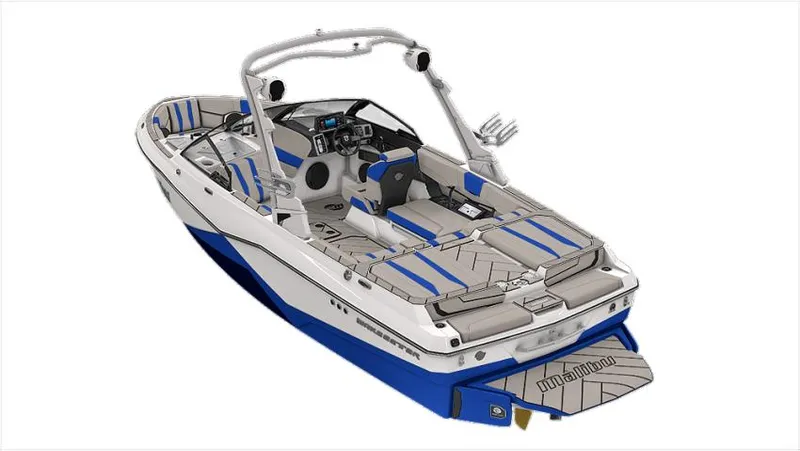 Slide: The Image of 2023 Malibu 22 LSV boat with blue and white exterior, luxury seating, and advanced dashboard. - 3