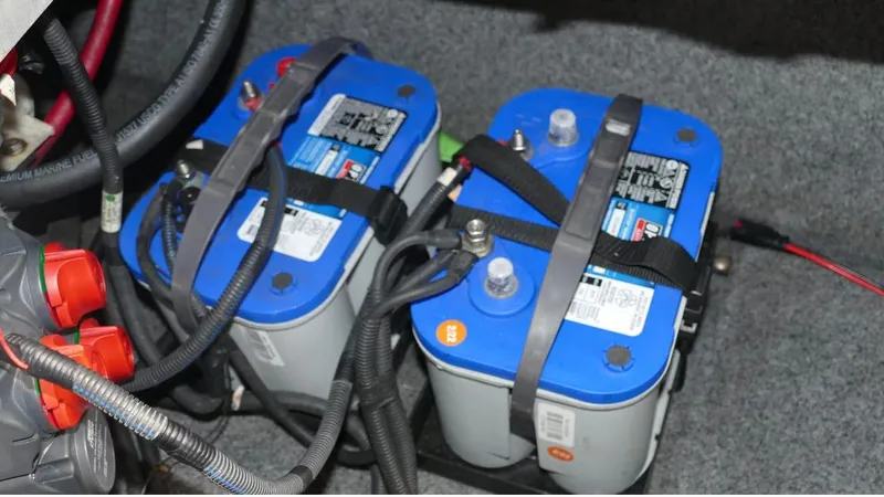 Slide: The Image of Dual marine batteries in a 2015 Yamaha AR240 boat, secured with straps and connected with cables. - 22