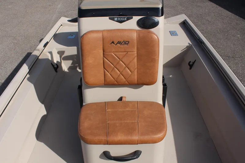 Slide: The Image of Avid 18 Rogue 2024 boat with tan leather seating. - 11