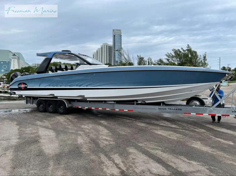 Slide: The Image of 2021 Cigarette 41 Nighthawk boat on trailer, Freeman Marine. - 1