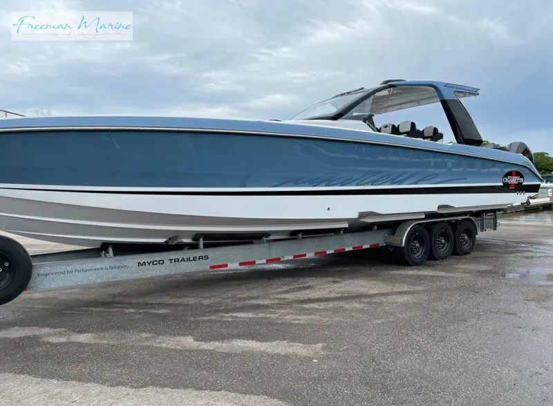 Slide: The Image of 2021 Cigarette 41 Nighthawk boat on a MYCO trailer at Freeman Marine. - 5