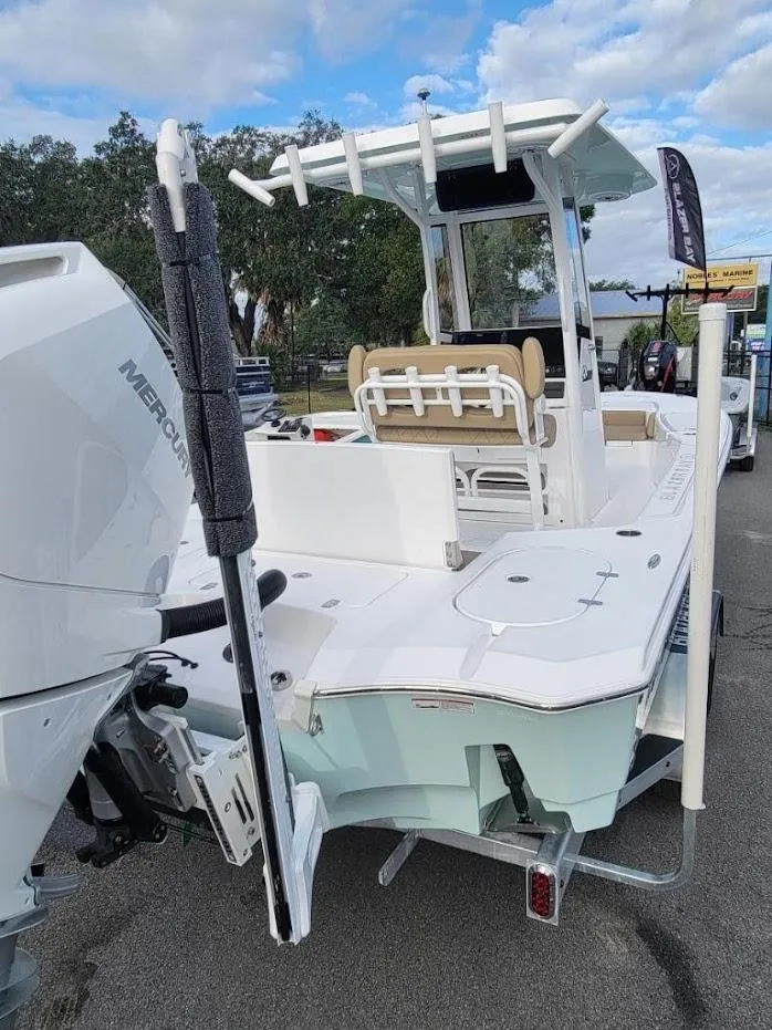 Slide: The Image of 2024 Blazer 2550 GTS boat with Mercury outboard motor, rear view. - 14