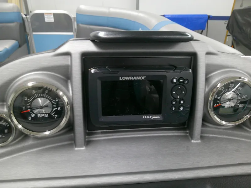 Slide: The Image of Dashboard of 2022 Berkshire 22CL2 CTS pontoon boat with Lowrance Hook2 fish finder. - 11